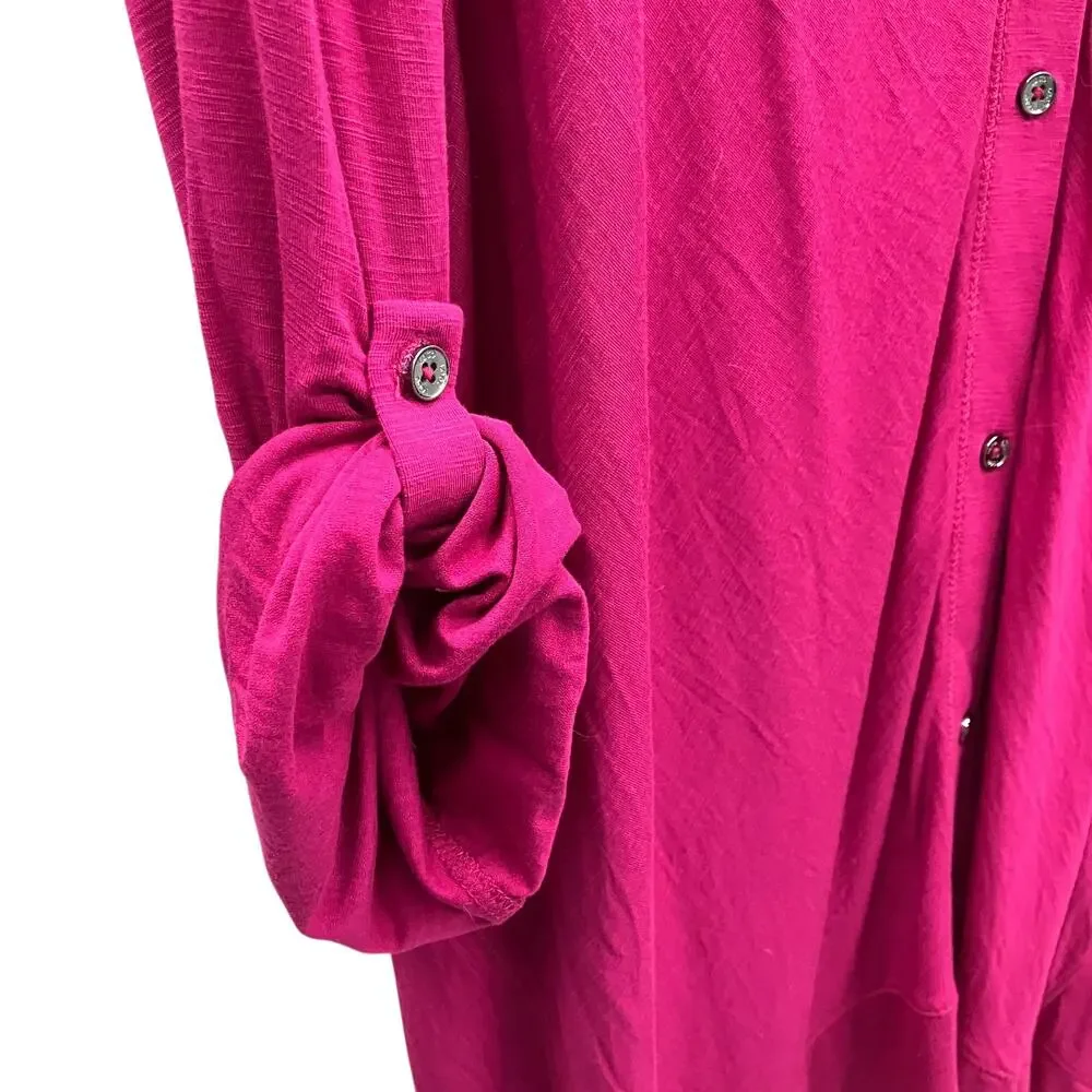Cardigan Logo Lori Goldstein Button Front 3X Dark Pink Roll Tab Asymmetric Hem